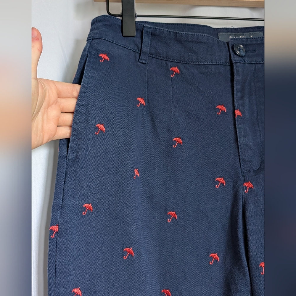 Modcloth Navy Chino Slim Pants w/ Pink Umbrella Embroidered Pattern Workwear 10 - Picture 4 of 8